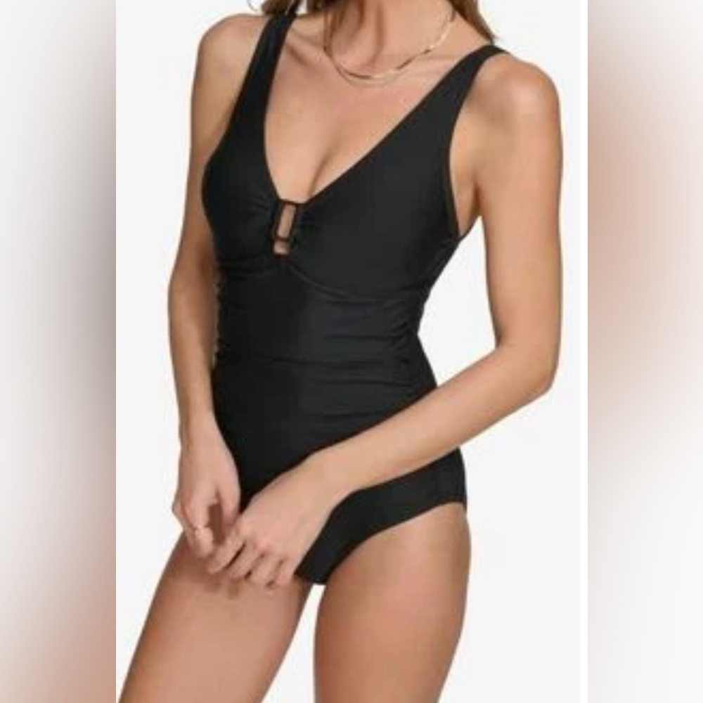NWT DKNY Black One Piece Swimsuit Ruched Tummy Control Underwire M